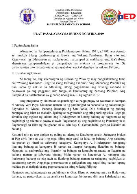 Halimbawa ng narrative report sa araw ng pagbasa